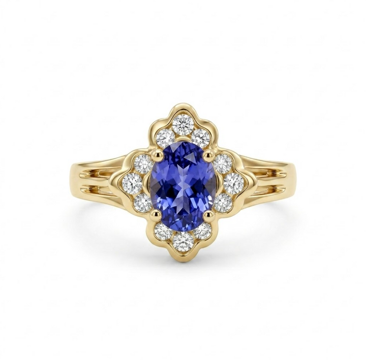 Oval Tanzanite Ring | 14K Yellow Gold | Diamond Halo Cluster Ring | Vintage-Inspired Floral Design - Brownee Jewelers