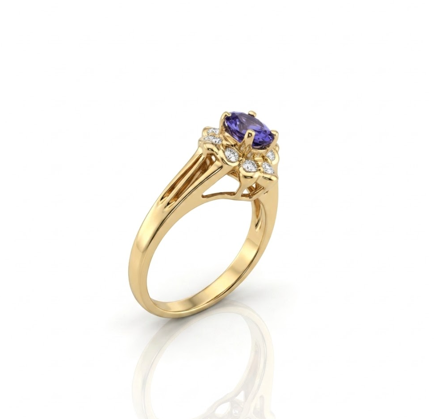 Oval Tanzanite Ring | 14K Yellow Gold | Diamond Halo Cluster Ring | Vintage-Inspired Floral Design - Brownee Jewelers
