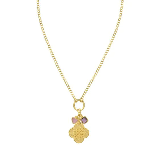 Clover Pendant Necklace | Gold-Plated Sterling Silver | Necklace | Clover Charm with Purple CZ Accents | 16 + 2 Inches | Adjustable Chain | Lobster Clasp - Brownee Jewelers