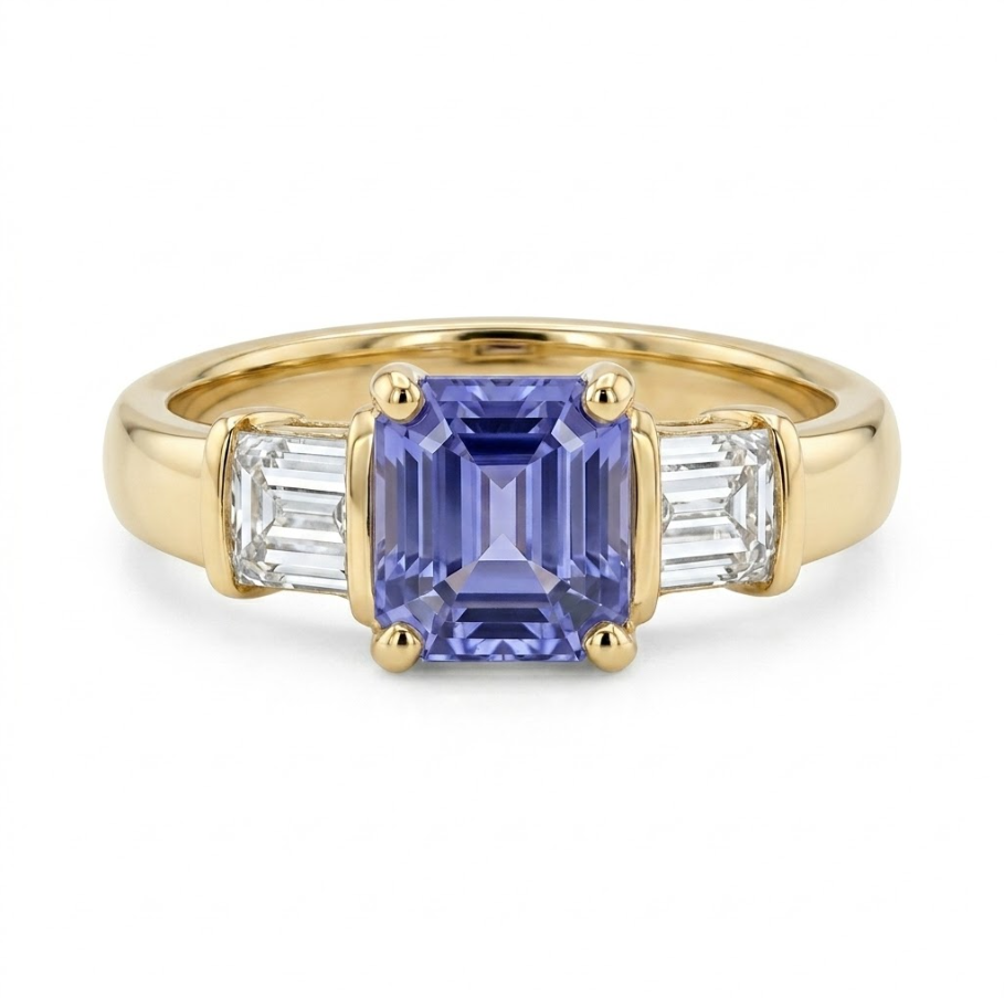 Emerald-Cut Tanzanite Ring | 14K Yellow Gold | Baguette Diamond Accent Ring | Classic Three-Stone Design - Brownee Jewelers
