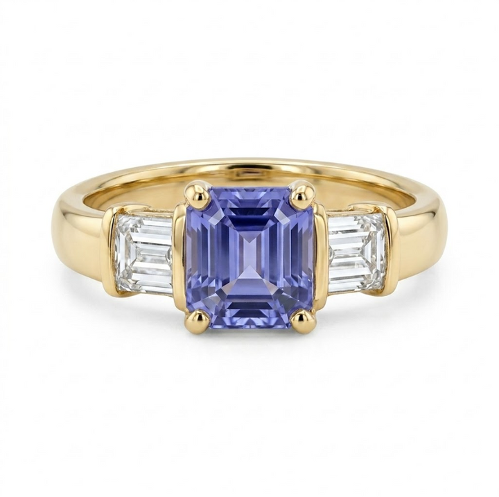 Emerald-Cut Tanzanite Ring | 14K Yellow Gold | Baguette Diamond Accent Ring | Classic Three-Stone Design - Brownee Jewelers