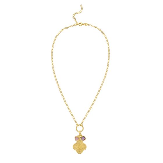 Clover Pendant Necklace | Gold-Plated Sterling Silver | Necklace | Clover Charm with Purple CZ Accents | 16 + 2 Inches | Adjustable Chain | Lobster Clasp - Brownee Jewelers