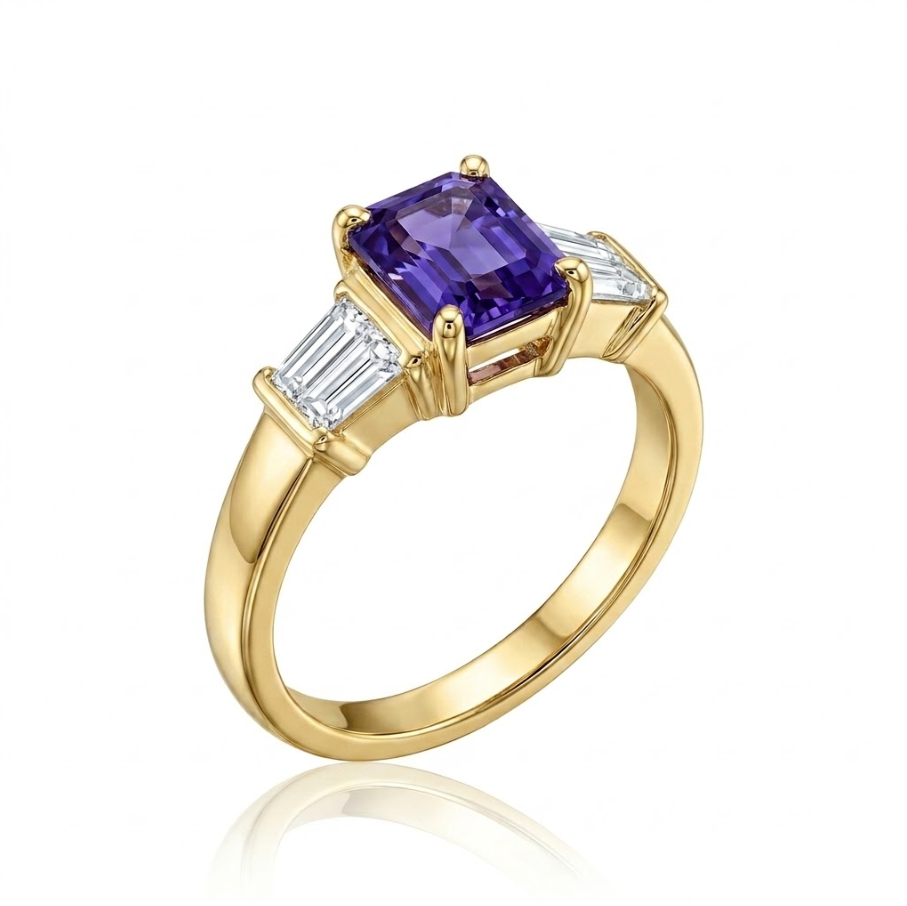 Emerald-Cut Tanzanite Ring | 14K Yellow Gold | Baguette Diamond Accent Ring | Classic Three-Stone Design - Brownee Jewelers