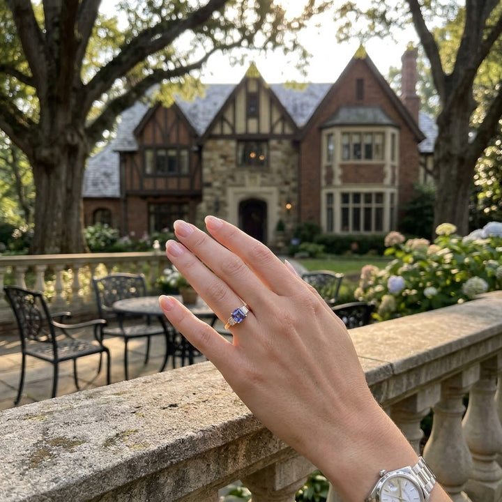 Emerald-Cut Tanzanite Ring | 14K Yellow Gold | Baguette Diamond Accent Ring | Classic Three-Stone Design - Brownee Jewelers