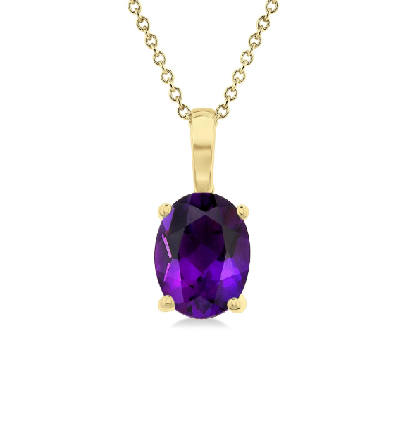 Oval Amethyst Pendant, 8×6 mm | 14K Yellow Gold | Solitaire | Classic Prong Setting - Brownee Jewelers