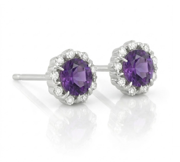 Madison L | Created Alexandrite & Diamond Halo Stud Earrings | 14K White Gold | Round Alexandrite | Diamond Accents - Brownee Jewelers