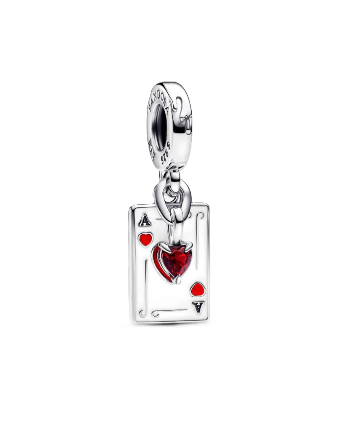 Pandora Disney Villains Queen of Hearts Dangle Charm in Sterling Silver with Heart-Shaped Red Cubic Zirconia on the front and "Off with their heads" Engraving on the back