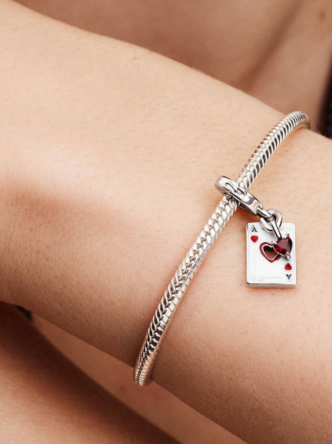 Pandora Disney Villains Queen of Hearts Dangle Charm in Sterling Silver with Heart-Shaped Red Cubic Zirconia on the front and "Off with their heads" Engraving on the back