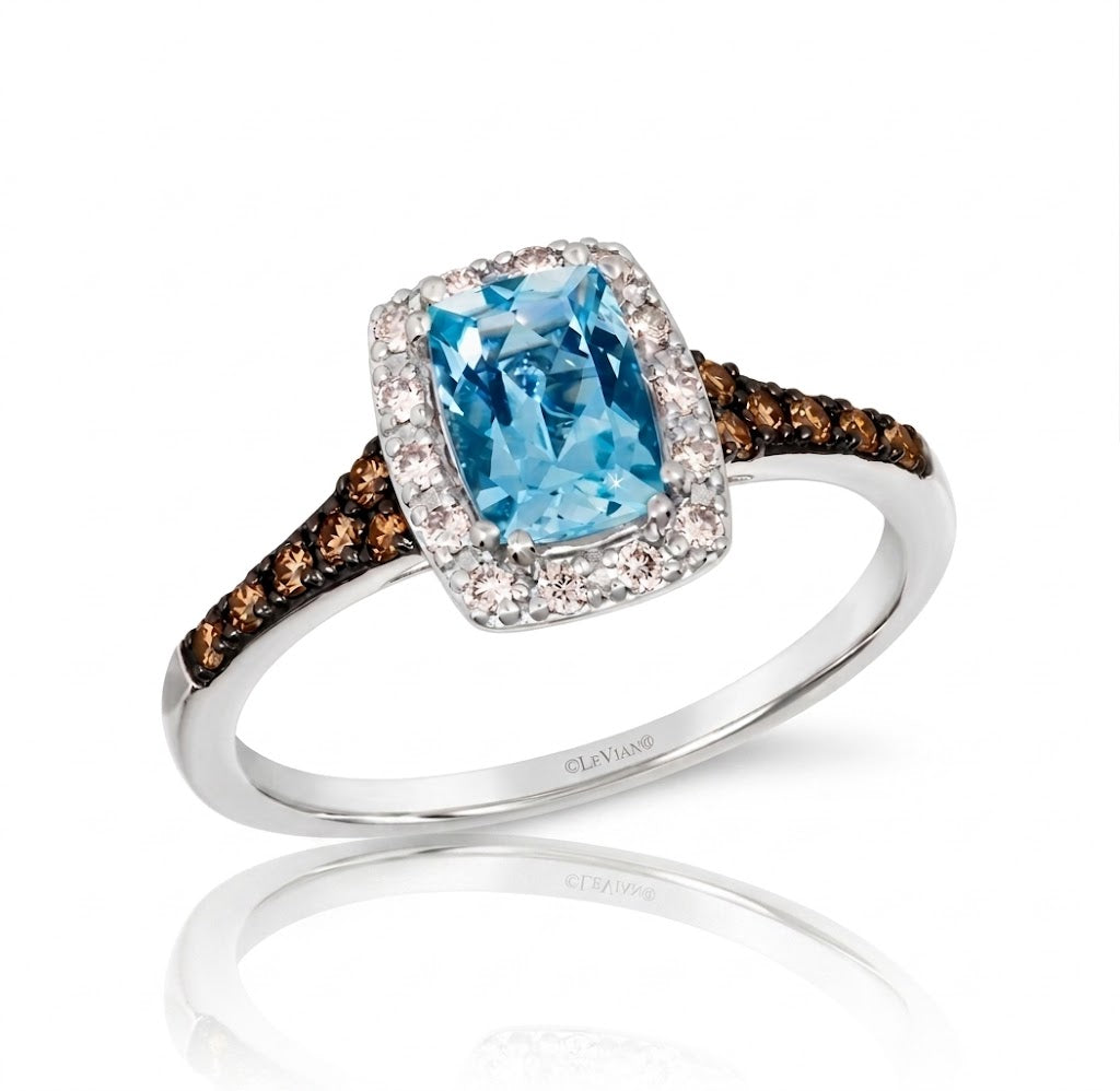LeVian | Cushion Aquamarine & Diamond Halo Ring | 14K White Gold | BVQN 8 - Brownee Jewelers