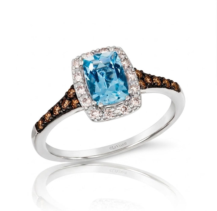 LeVian | Cushion Aquamarine & Diamond Halo Ring | 14K White Gold | BVQN 8 - Brownee Jewelers