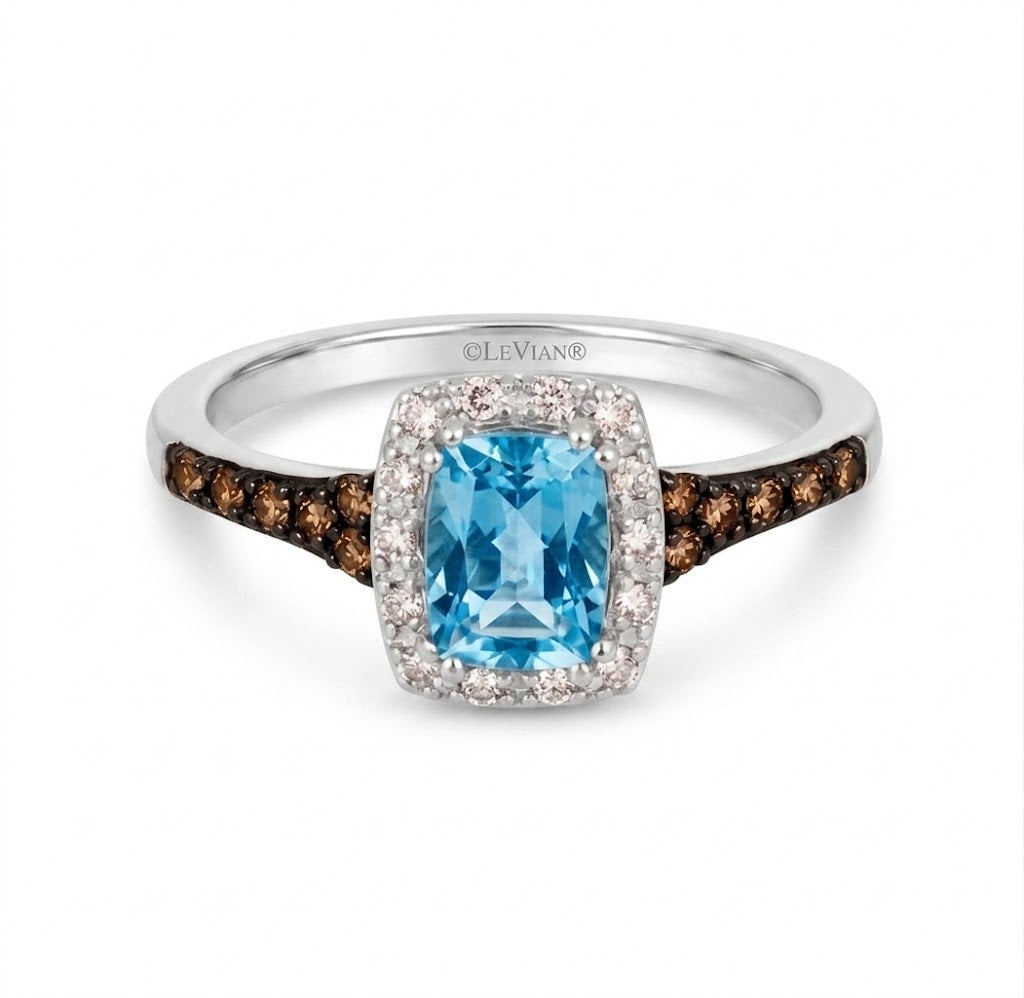 LeVian | Cushion Aquamarine & Diamond Halo Ring | 14K White Gold | BVQN 8 - Brownee Jewelers
