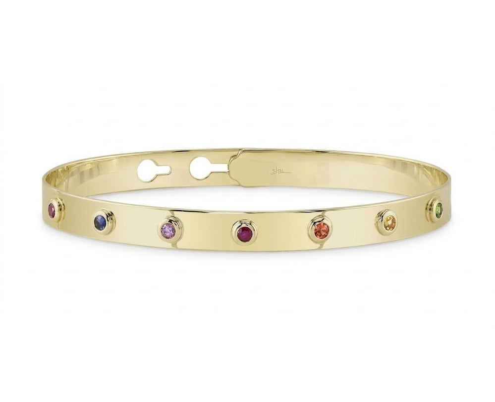 Rainbow Bezel Gemstone Bangle | 14K Yellow Gold | 7" | BRN-RBB001 | - Brownee Jewelers