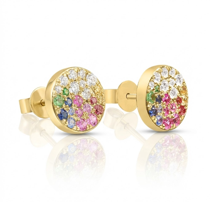 Rainbow Sapphire, Ruby, Tsavorite & Diamond Pavé Stud Earrings | 14K Yellow Gold | 0.56 ctw Gems, 0.26 ctw Diamonds l AE70217ZF-200Y - Brownee Jewelers