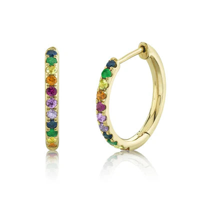 Rainbow Gemstone Hoop Earrings | 14K Yellow Gold | Multicolor Gemstones - Brownee Jewelers