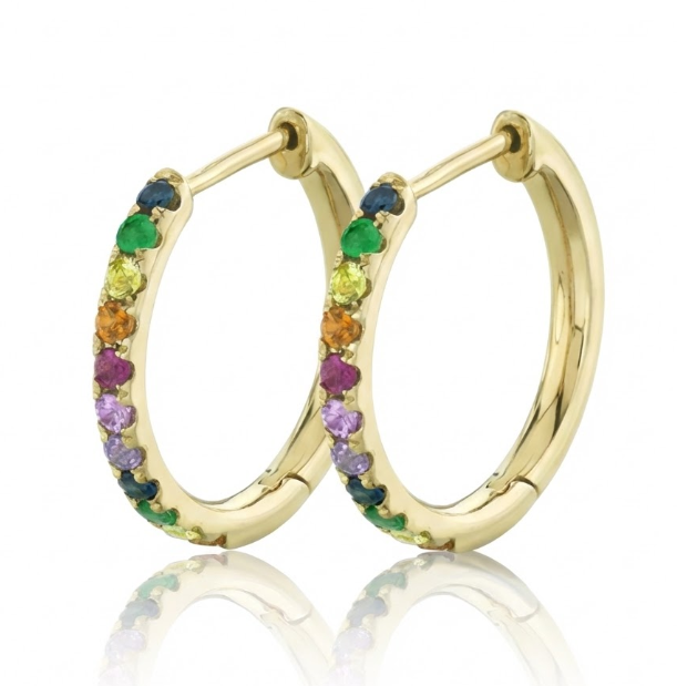 Rainbow Gemstone Hoop Earrings | 14K Yellow Gold | Multicolor Gemstones - Brownee Jewelers