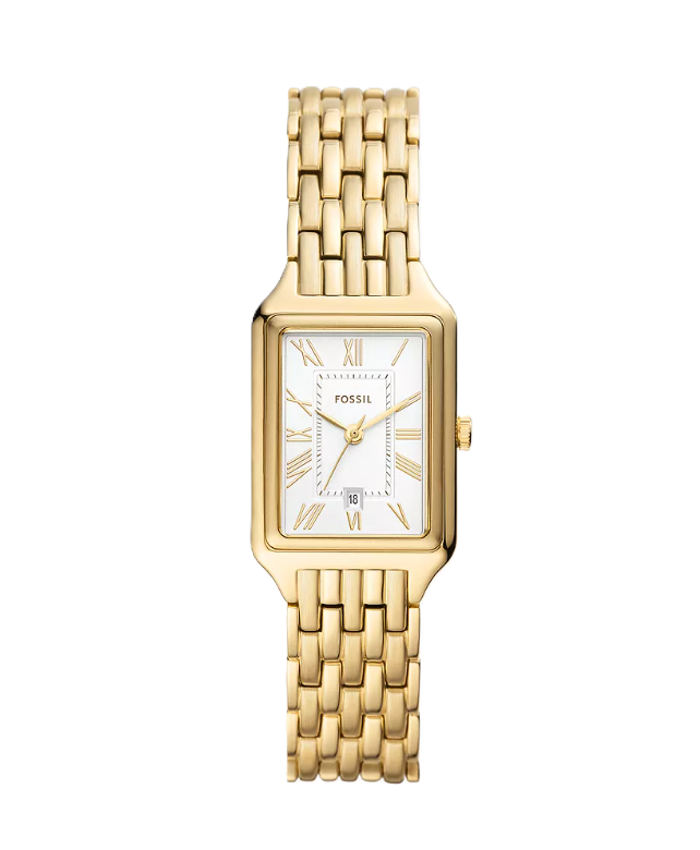 Raquel Three-Hand Date Watch | Fossil | Gold-Tone Stainless Steel | Rectangular Case | White Dial - Brownee Jewelers