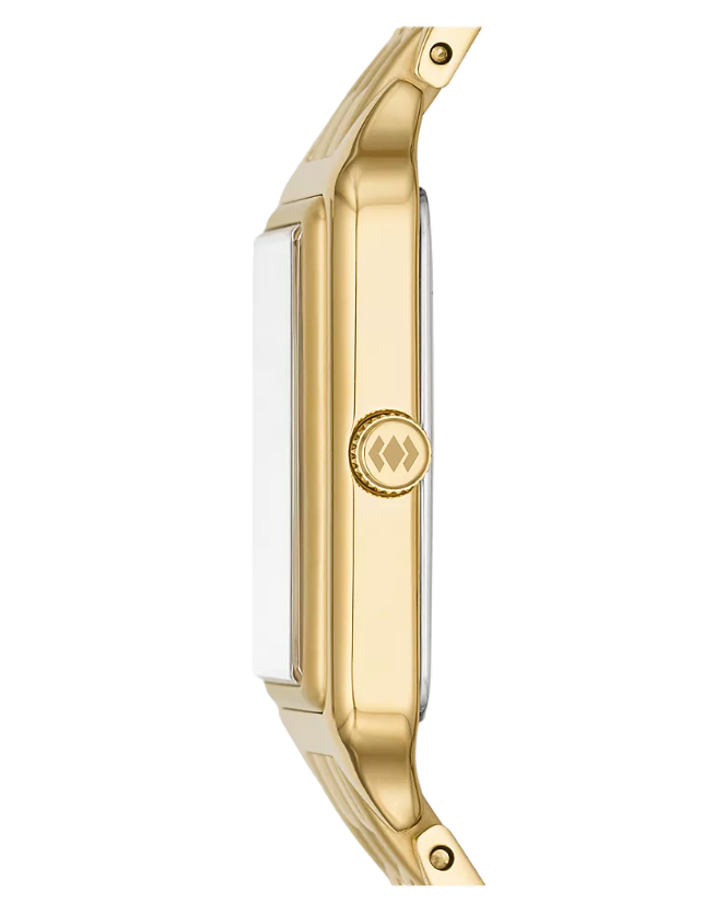 Raquel Three-Hand Date Watch | Fossil | Gold-Tone Stainless Steel | Rectangular Case | White Dial - Brownee Jewelers