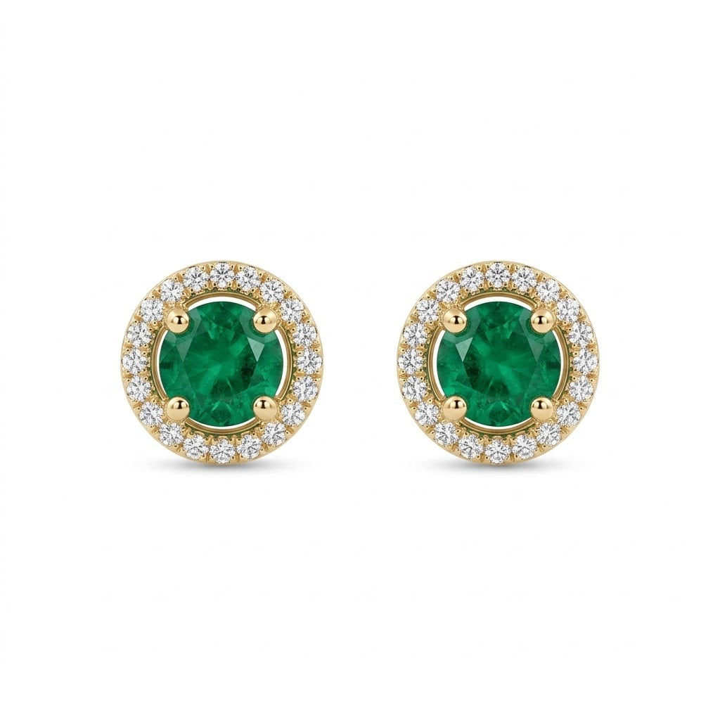 .45 Carat Round Emerald with .10 Carat Round Diamond Halo Stud Earrings in 14kt Yellow Gold