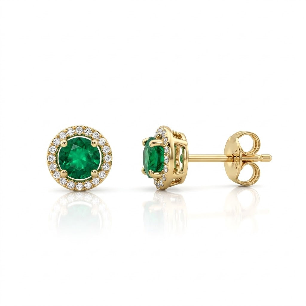 .45 Carat Round Emerald with .10 Carat Round Diamond Halo Stud Earrings in 14kt Yellow Gold