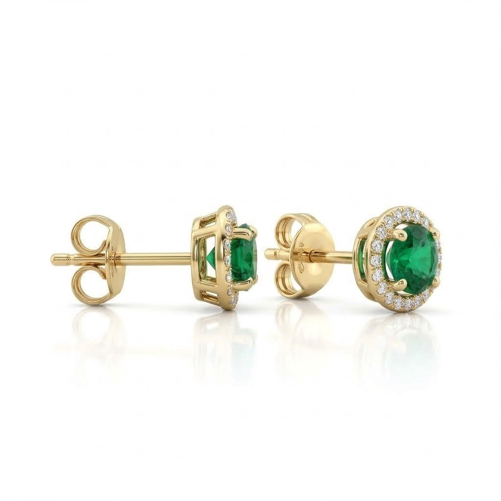 .45CT EMERALD & .10CT DIAMOND HALO STUD EARRINS | 14K YELLOW GOLD | EY03646EMV - Brownee Jewelers