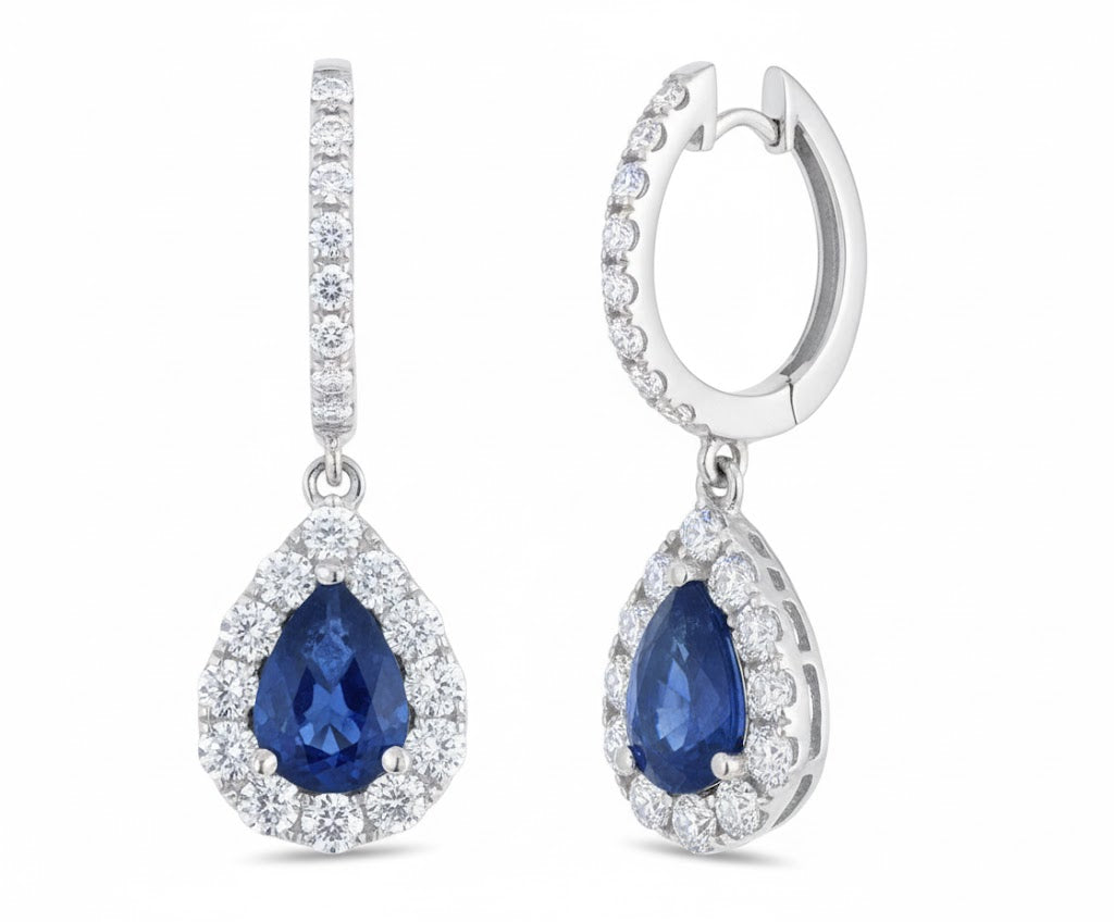 14K White Gold 1.34ct Pear-Shaped Sapphire & .90ct Diamond Dangle Earrings