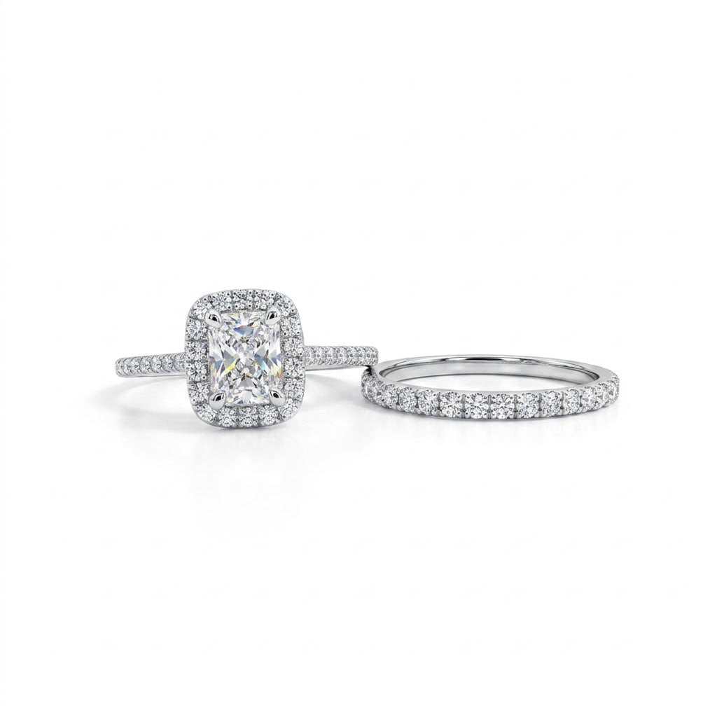 Rectangle-Cut Diamond Halo Bridal Set | 14K White Gold | 0.77 CT Center Diamond | Pavé Halo & Matching Band - Brownee Jewelers