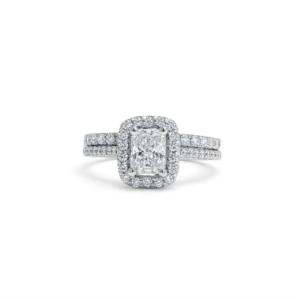 Rectangle-Cut Diamond Halo Bridal Set | 14K White Gold | 0.77 CT Center Diamond | Pavé Halo & Matching Band - Brownee Jewelers