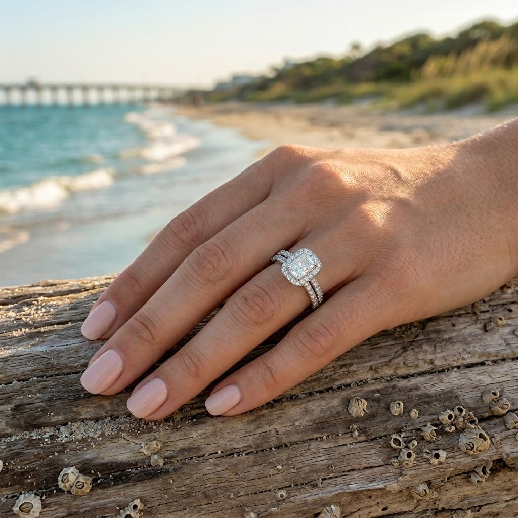 Rectangle-Cut Diamond Halo Bridal Set | 14K White Gold | 0.77 CT Center Diamond | Pavé Halo & Matching Band - Brownee Jewelers