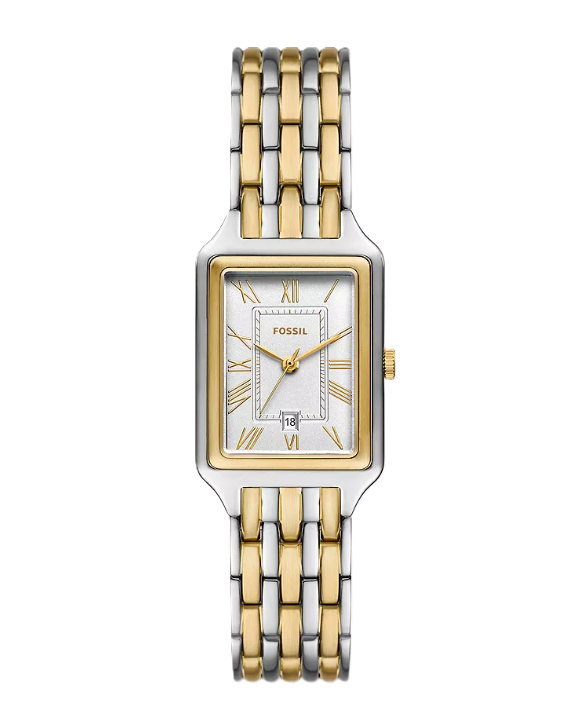 Raquel Three-Hand Date Watch | Fossil | Two-Tone Stainless Steel | Rectangular Case | Silver Dial - Brownee Jewelers