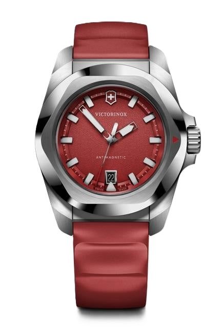 VictorInox Swiss Army I.N.O.X. Stainless Steel Watch with a Red Dial, Red Rubber Strap, and 41mm Case