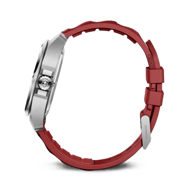 VictorInox Swiss Army I.N.O.X. Stainless Steel Watch with a Red Dial, Red Rubber Strap, and 41mm Case
