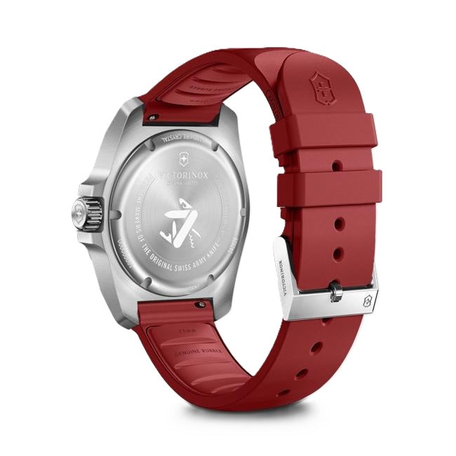 VictorInox Swiss Army I.N.O.X. Stainless Steel Watch with a Red Dial, Red Rubber Strap, and 41mm Case