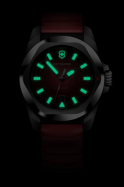 VictorInox Swiss Army I.N.O.X. Stainless Steel Watch with a Red Dial, Red Rubber Strap, and 41mm Case