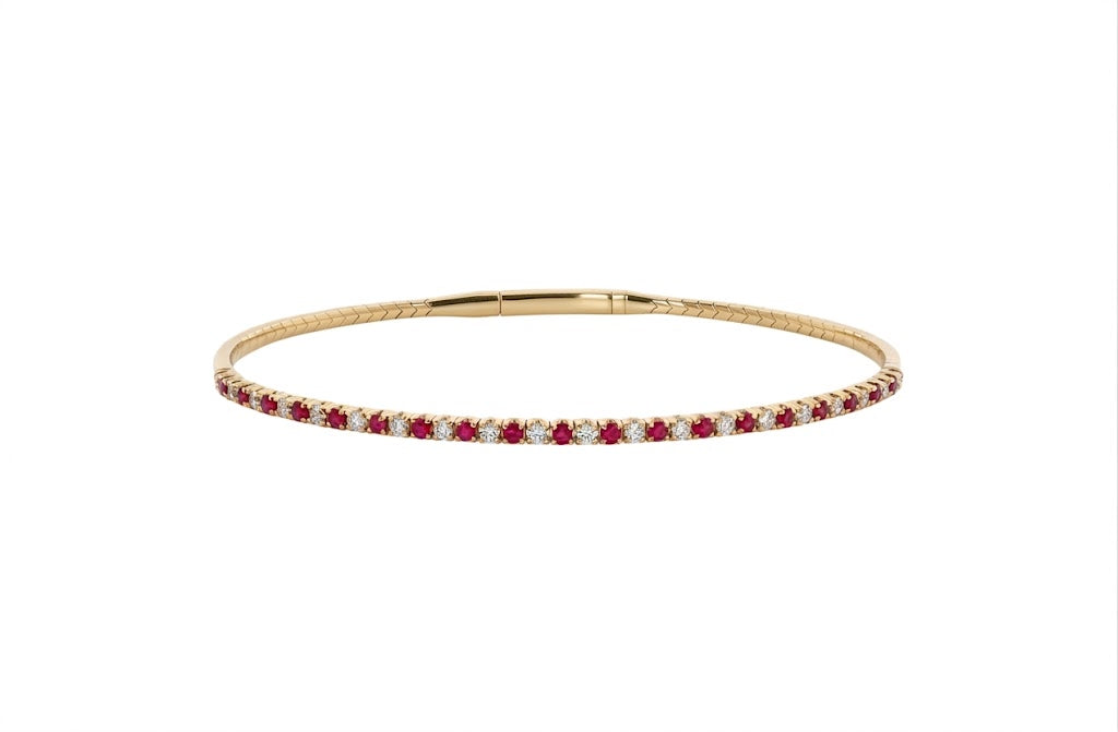 14K Yellow Gold Ruby & Diamond Flex Bangle Bracelet – 1/4 CTW