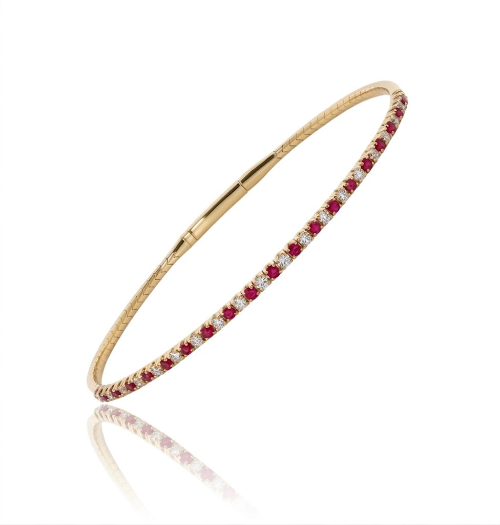 14K Yellow Gold Ruby & Diamond Flex Bangle Bracelet – 1/4 CTW