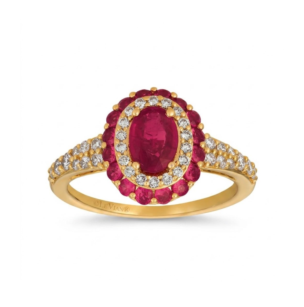 Oval Passion Ruby™ & Diamond Halo Ring | 14K Yellow Gold | Vanilla Diamonds® | YQZM 28 - Brownee Jewelers