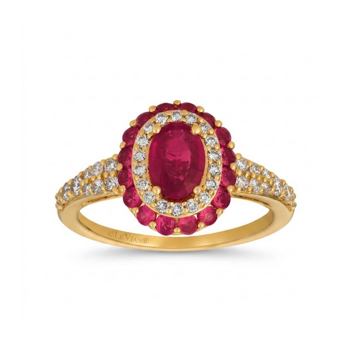 Oval Passion Ruby™ & Diamond Halo Ring | 14K Yellow Gold | Vanilla Diamonds® | YQZM 28 - Brownee Jewelers