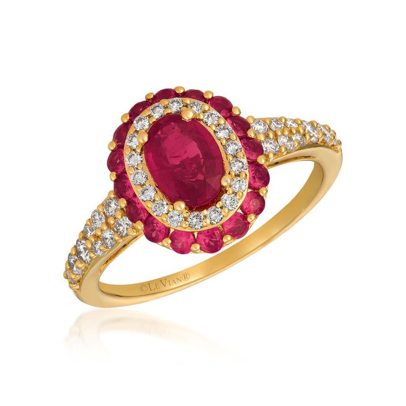 Oval Passion Ruby™ & Diamond Halo Ring | 14K Yellow Gold | Vanilla Diamonds® | YQZM 28 - Brownee Jewelers