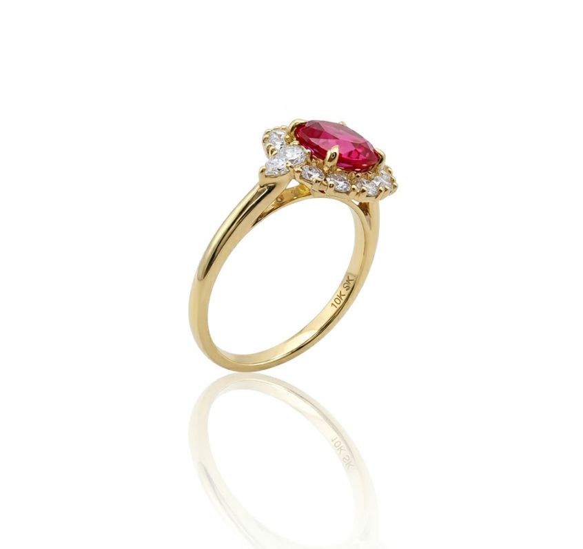 Cushion Ruby & Lab-Grown Diamond Halo Ring | 1.60 ct Ruby | 0.75 ctw Diamonds | 10K Yellow Gold - Brownee Jewelers