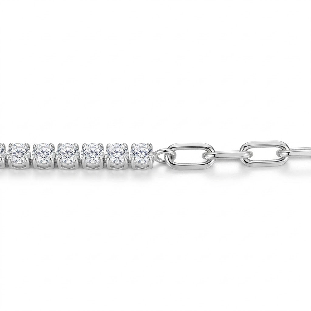 7.5 Inch Sterling Silver Half Tennis & Paperclip Link Bracelet with Cubic Zirconia