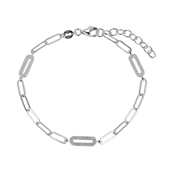 6.75 Inch Sterling Silver DiamondLite Cubic Zirconia Station Paperclip Link Adjustable Bracelet