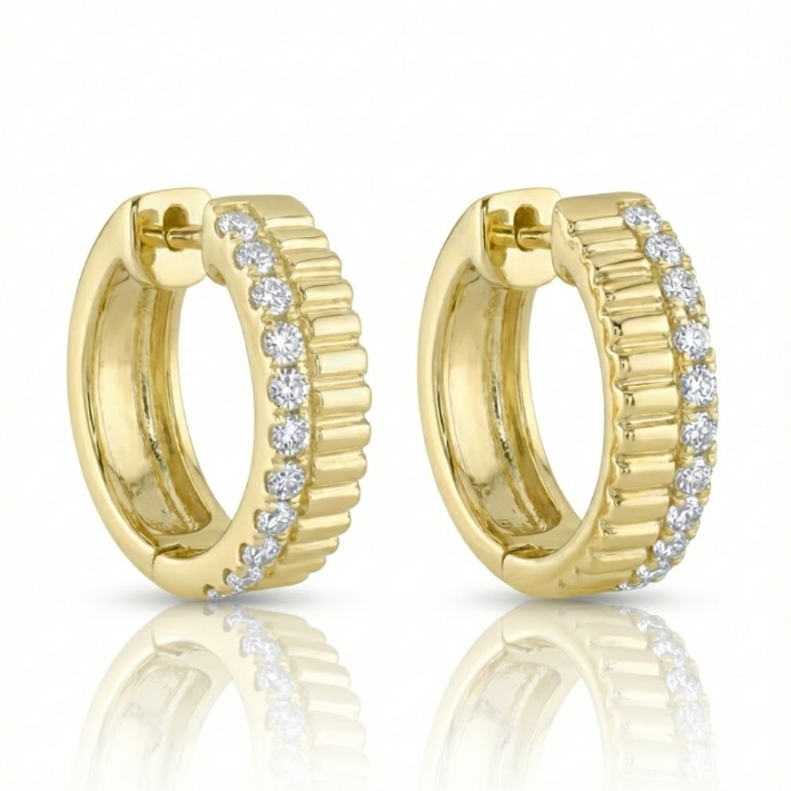 Diamond Ribbed Huggie Earrings | 14K Yellow Gold | 0.34 ctw | Textured Hoop Earrings - Brownee Jewelers