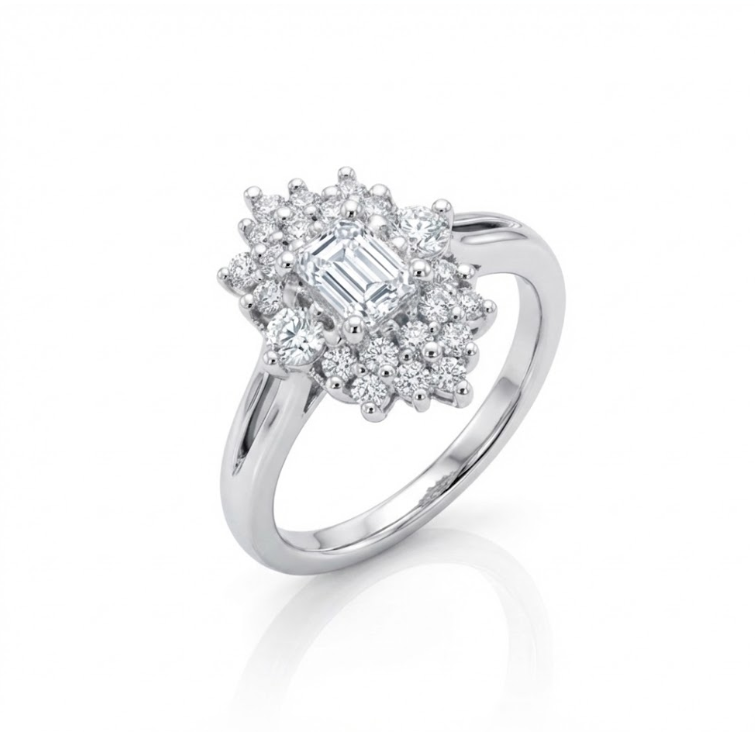 Emerald Cut Diamond Halo Ring | 14K White Gold | Split Shank Cluster Design - Brownee Jewelers