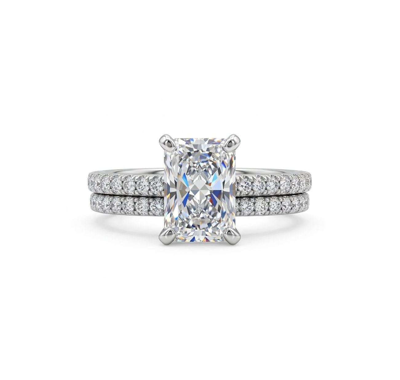 Radiant Lab-Grown Diamond Bridal Ring Set | 14K White Gold | 1.51 ct Radiant Center | Pavé Diamond Engagement Ring & Band - Brownee Jewelers