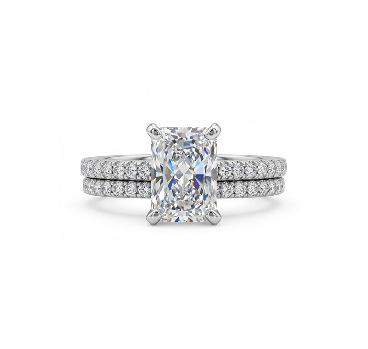 Radiant Lab-Grown Diamond Bridal Ring Set | 14K White Gold | 1.51 ct Radiant Center | Pavé Diamond Engagement Ring & Band - Brownee Jewelers