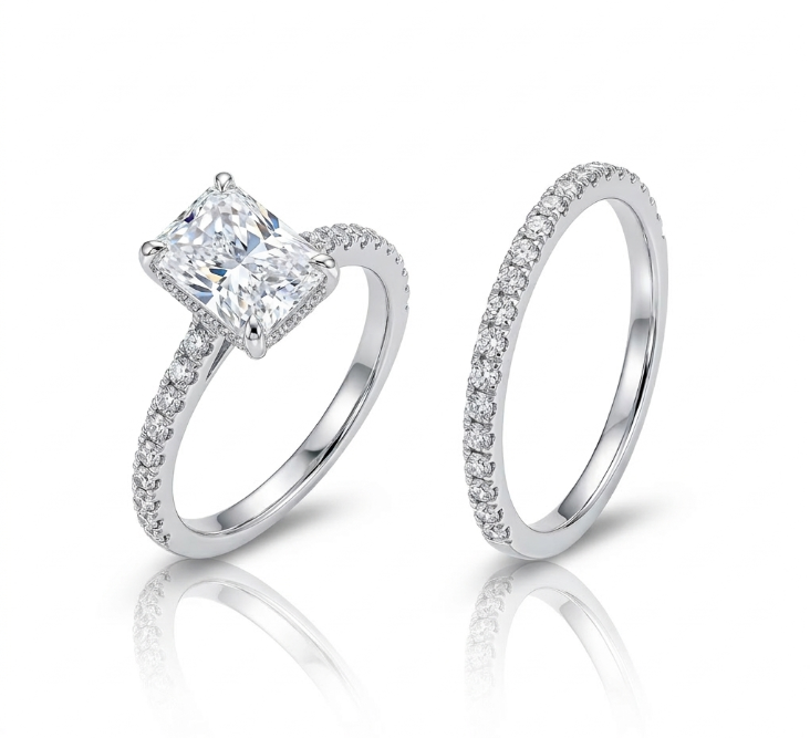 Radiant Lab-Grown Diamond Bridal Ring Set | 14K White Gold | 1.51 ct Radiant Center | Pavé Diamond Engagement Ring & Band - Brownee Jewelers