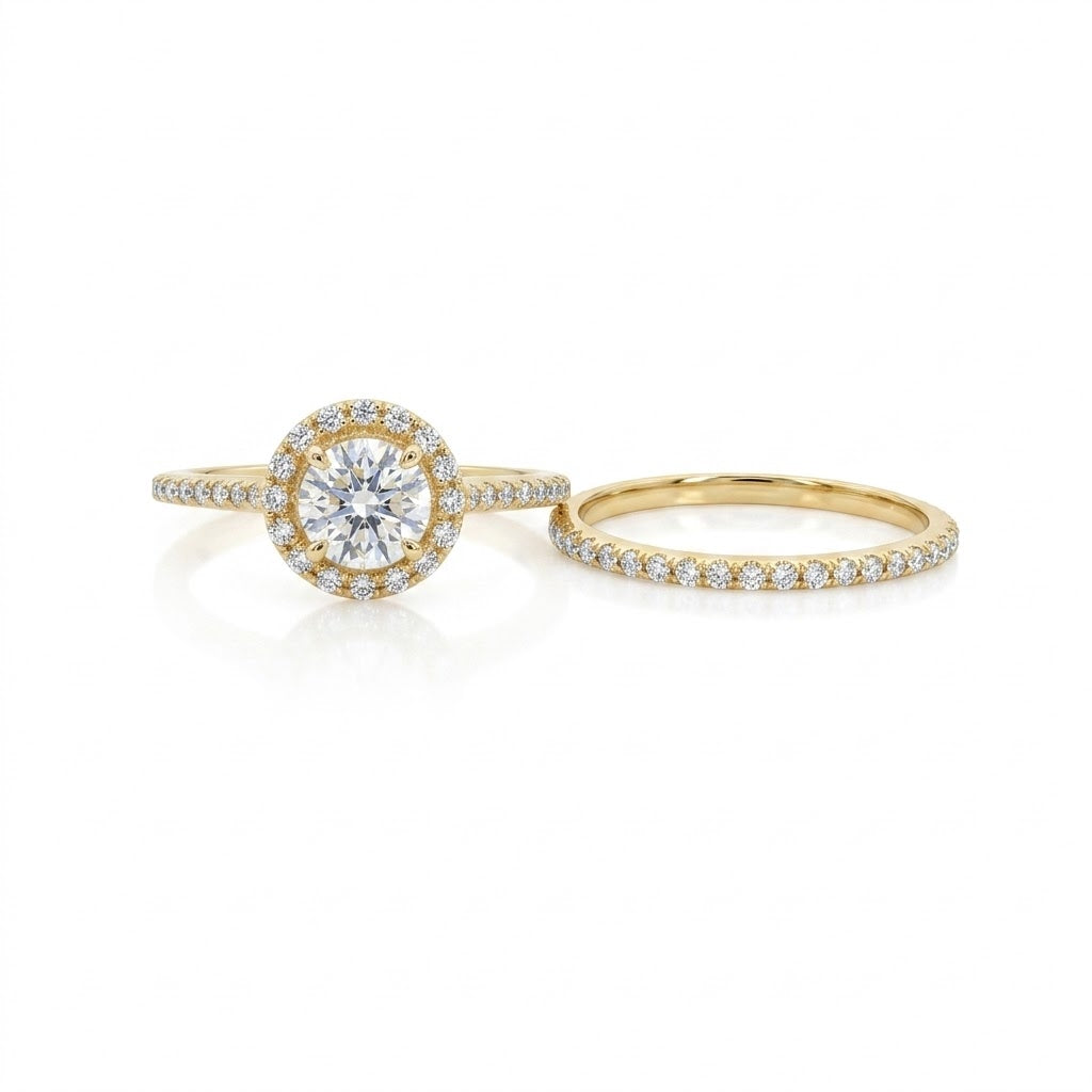 Round Diamond Bridal Set | 14K Yellow Gold | Twisted Solitaire Engagement Ring Set | .74 CT Center - Brownee Jewelers