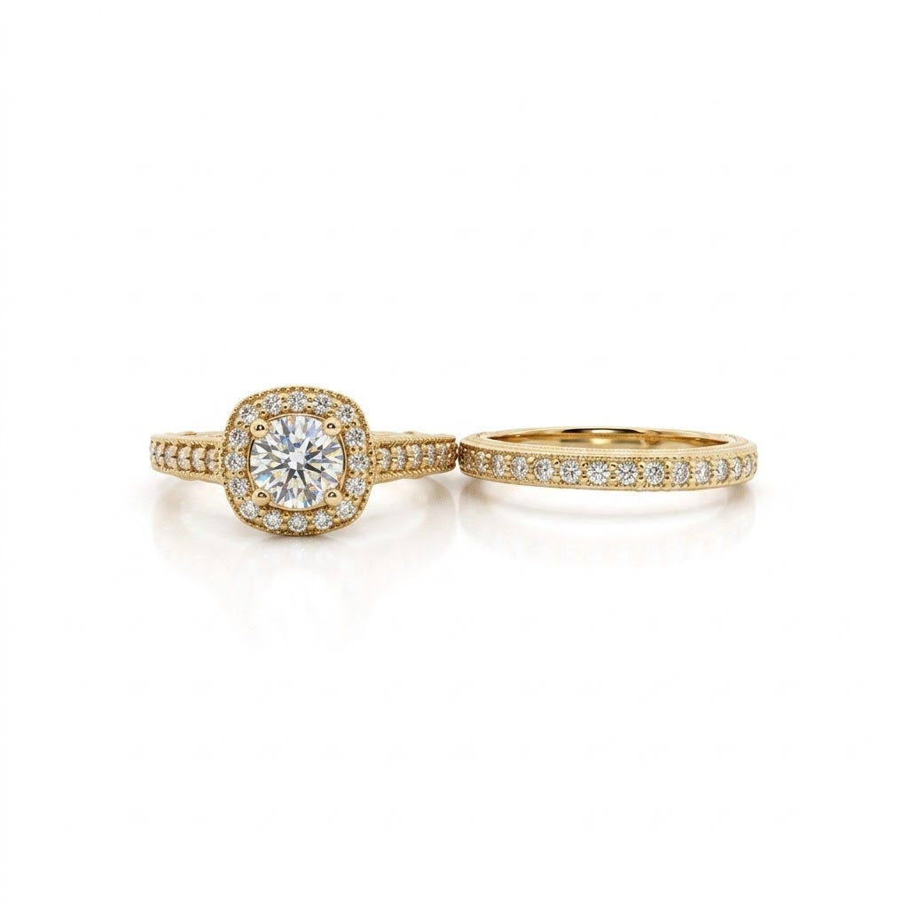 Round Diamond Halo Bridal Set | 14K Yellow Gold | Diamond Engagement Ring & Wedding Band Set | 0.70 CT Center Diamond - Brownee Jewelers