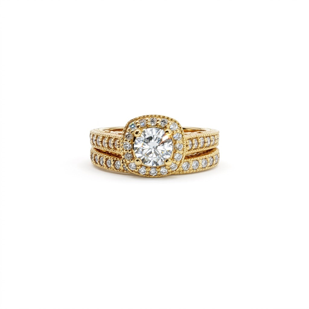 Round Diamond Halo Bridal Set | 14K Yellow Gold | Diamond Engagement Ring & Wedding Band Set | 0.70 CT Center Diamond - Brownee Jewelers