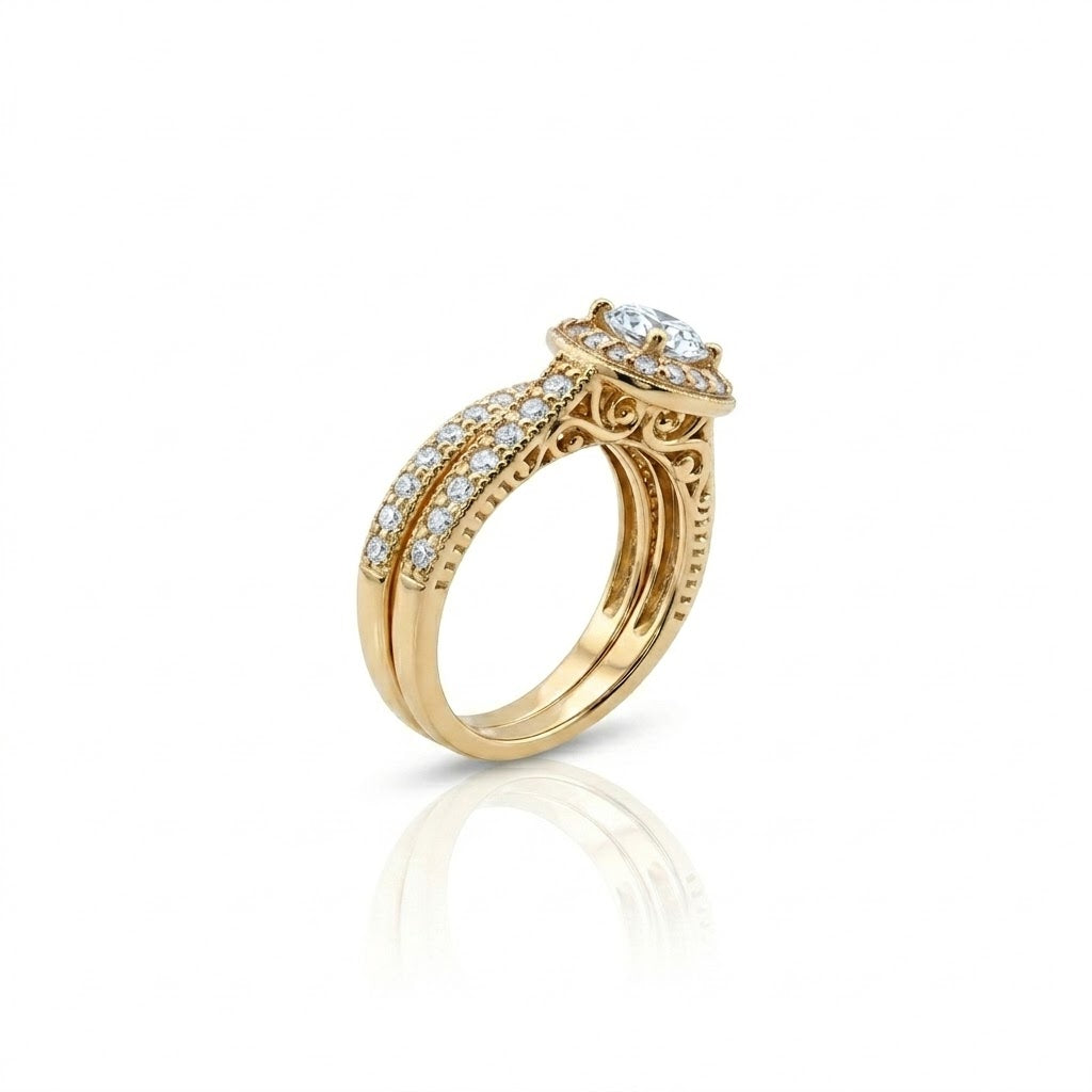 Round Diamond Halo Bridal Set | 14K Yellow Gold | Diamond Engagement Ring & Wedding Band Set | 0.70 CT Center Diamond - Brownee Jewelers